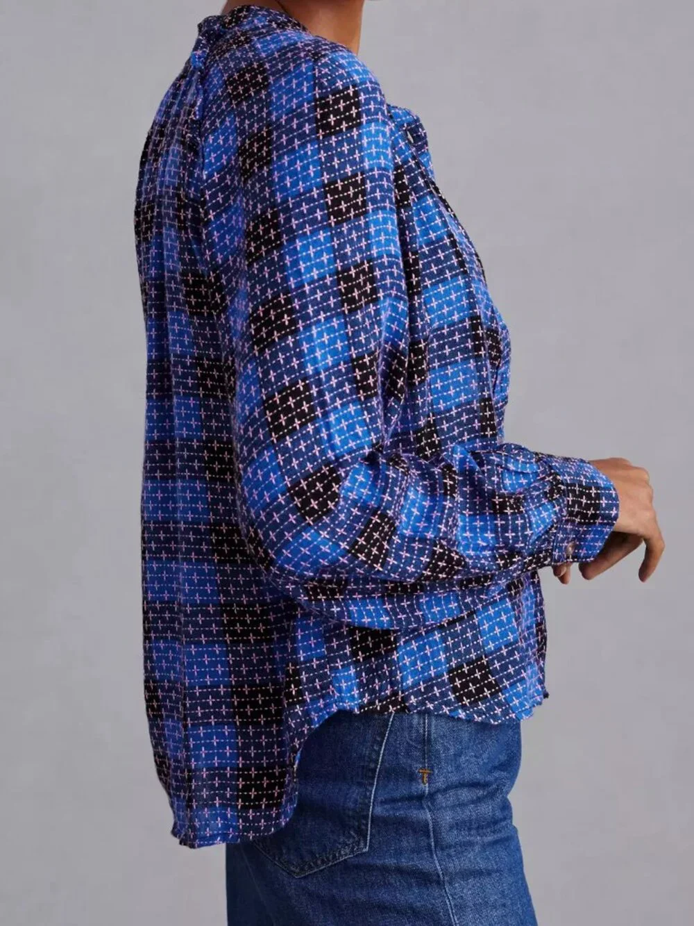 Pilcro Anthropologie blue pink black plaid ruffle button down shirt